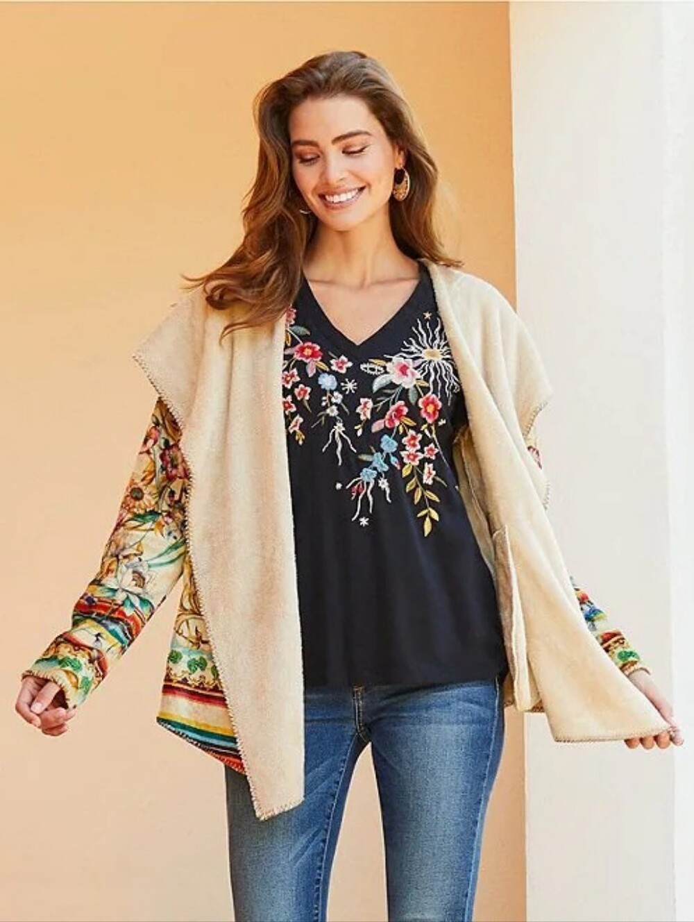JOHNNY WAS Lissa Embroidered Floral Cotton Knit Jersey V-Neck Flutter Sleeve Top - Picture 4 of 10